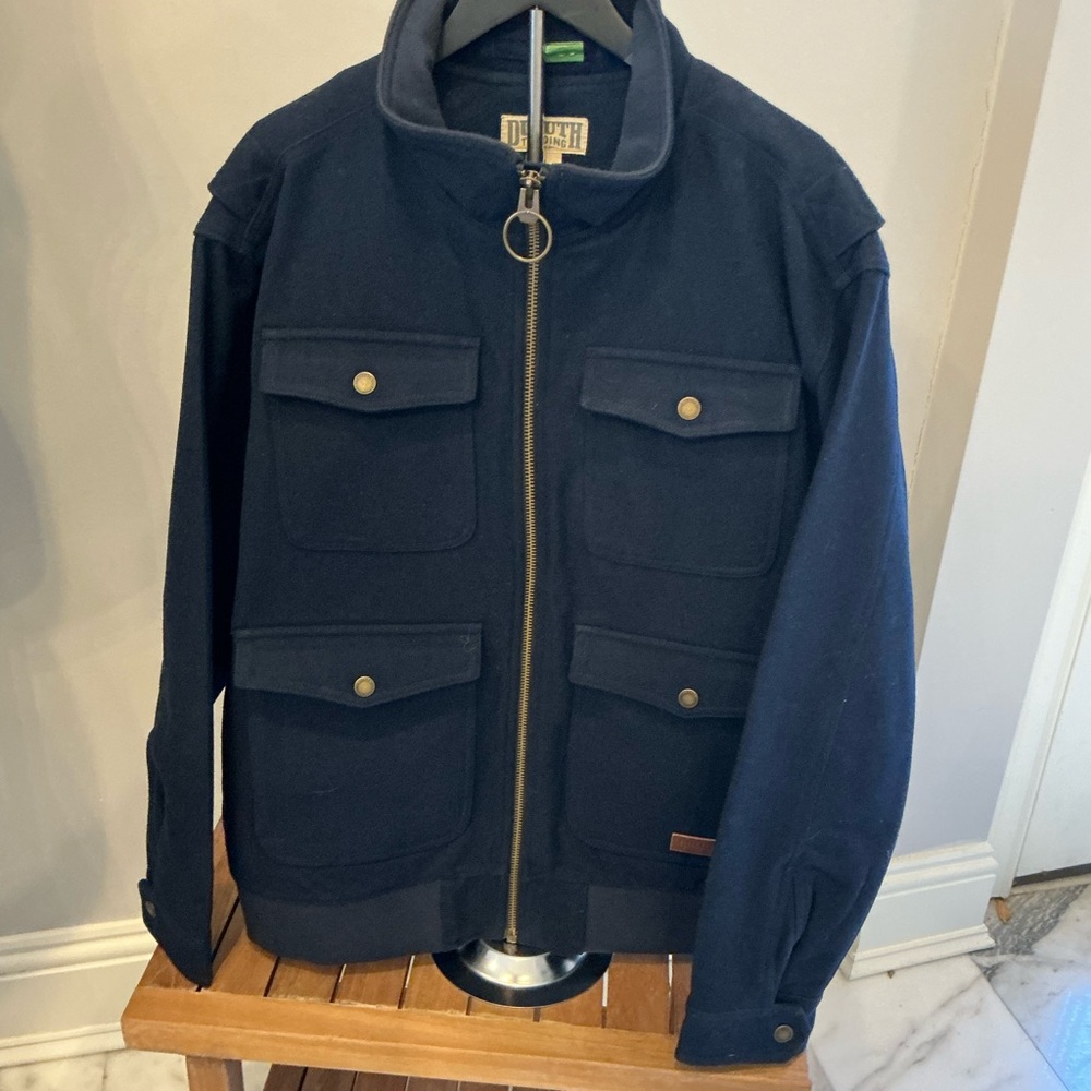 Duluth trading Navy blue empire builder wool bomber coat. XL